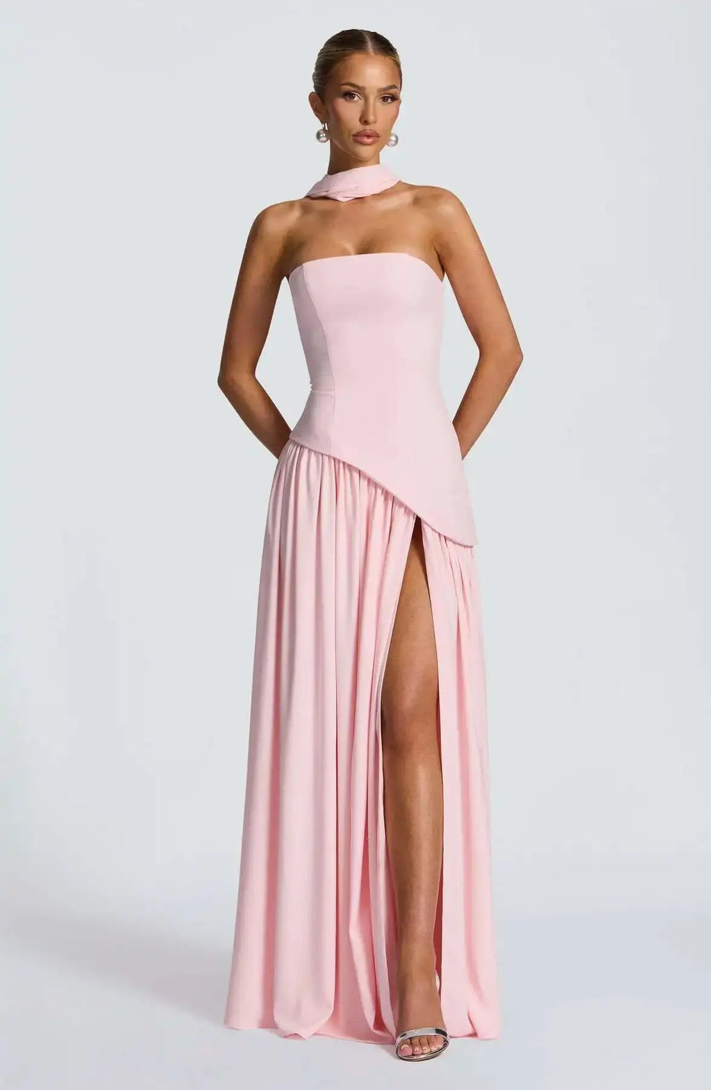 Sleek Solid Tube Top Maxi Dress with High Slit