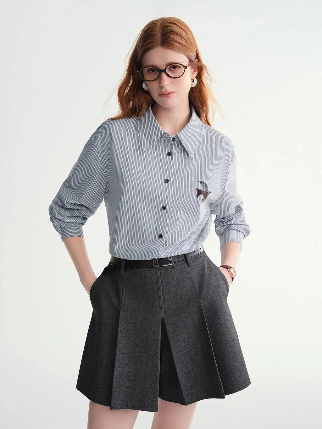 Plus-Size Birds Appliqué Checkered Stripe Shirt
