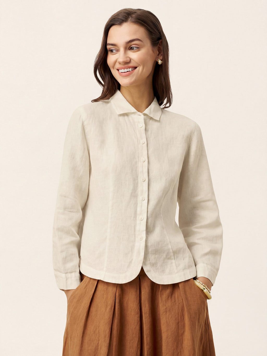 100% Linen Small Collar Curved Hem Tailored Shirt AVELINE