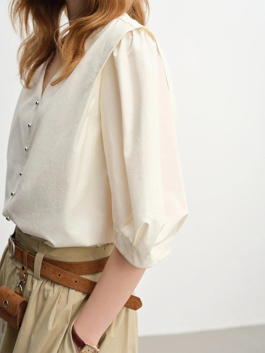 Women’s V-Neck Half Sleeve Blouse Slim Fit Commuter Top