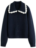 Floral Embroidered Cardigan Sweet Lace Trim Knit