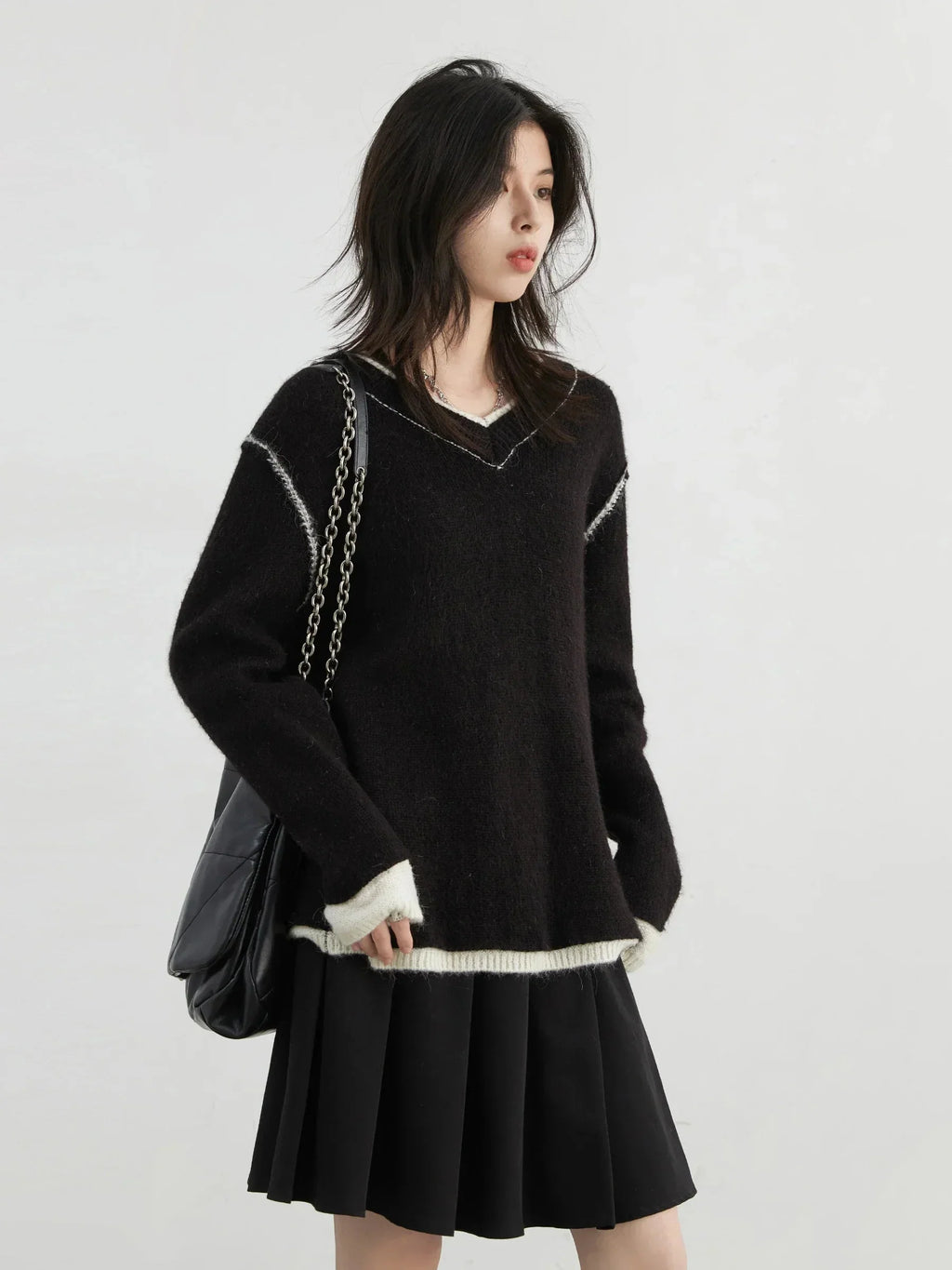 Color Block V-Neck Sweater Loose Knit Pullover