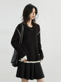 Color Block V-Neck Sweater Loose Knit Pullover