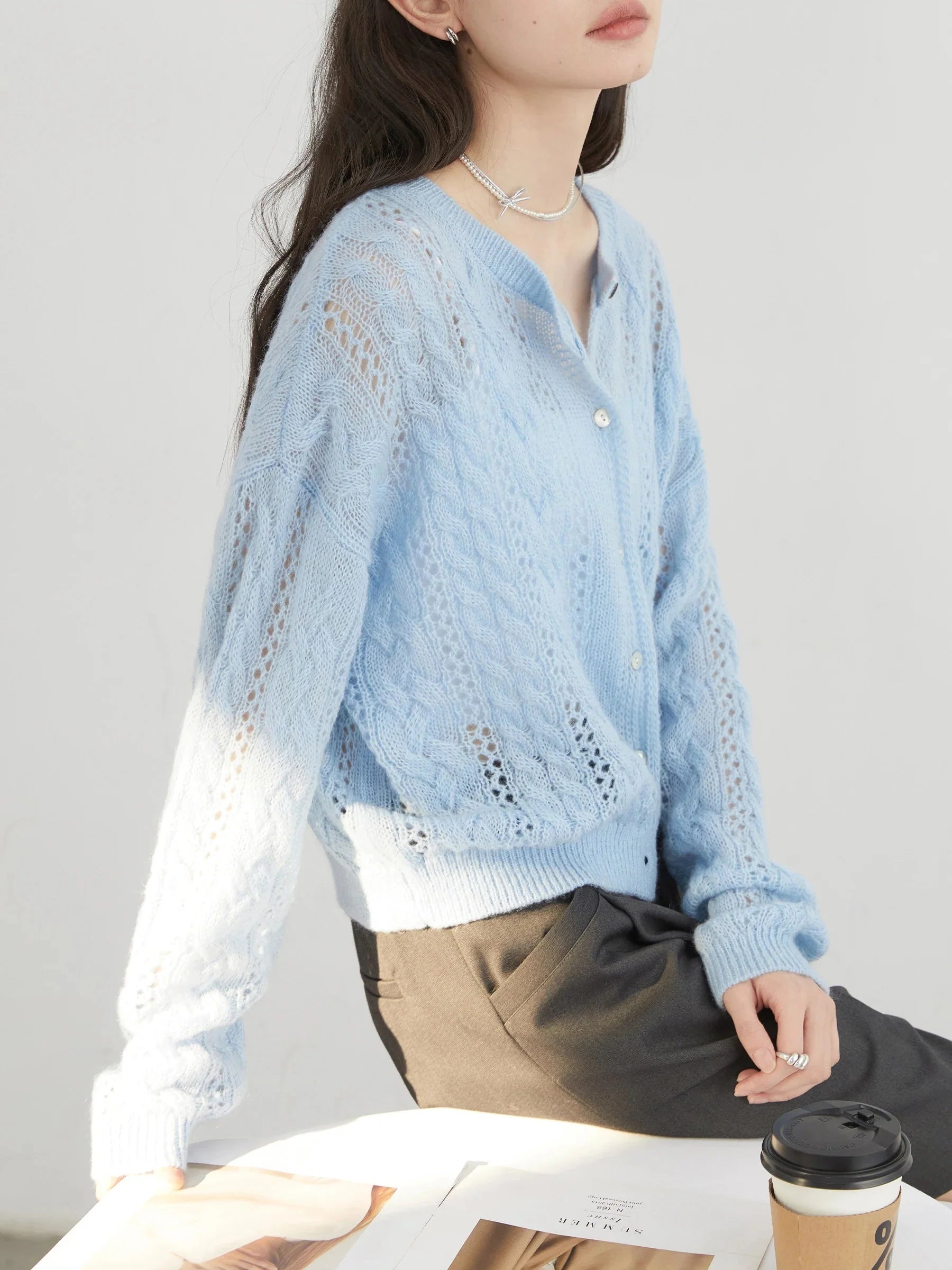 Mohair Hollow Knit Cardigan Loose Casual Short Jumper