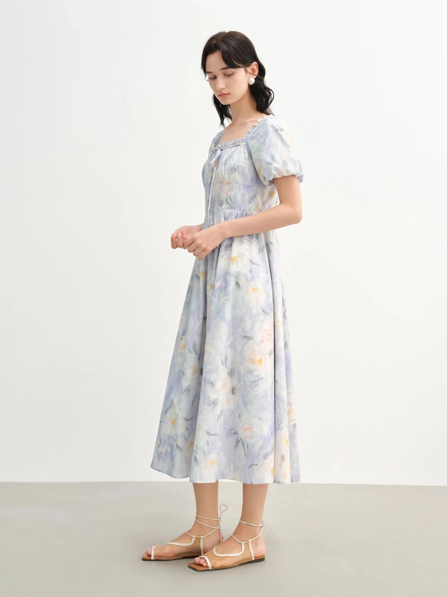 French Romantic Painting Summer Dress Sweet Waist Midi