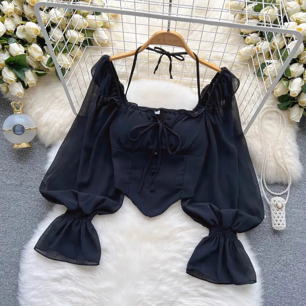 Halter Backless Blouse with Ruffle Flare Sleeves