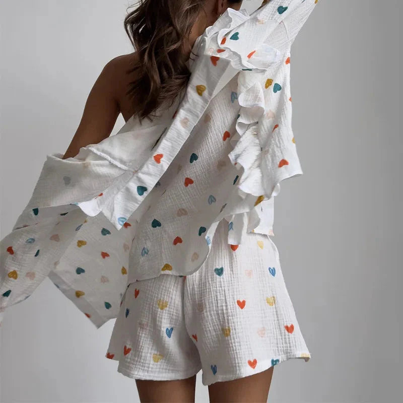 Women’s Love Print Cotton Linen Pajama Set with Shorts