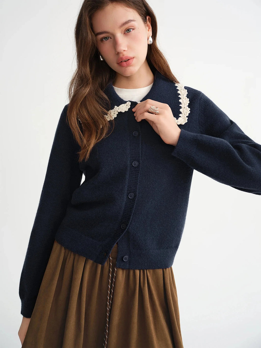 Floral Embroidered Cardigan Sweet Lace Trim Knit