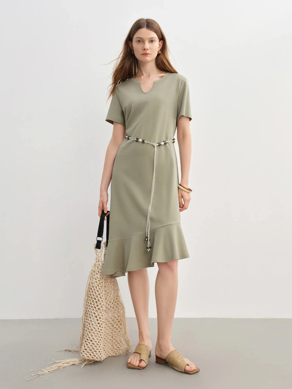Drawstring A-Line Midi Dress Casual Summer Elegance