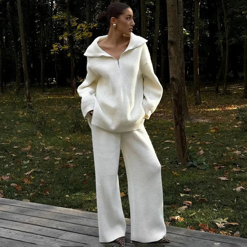 Chic Knitted Sweater and Wide-Leg Trousers Set