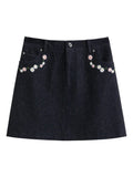 Women's Denim Skirt Floral Embroidered High-Waist