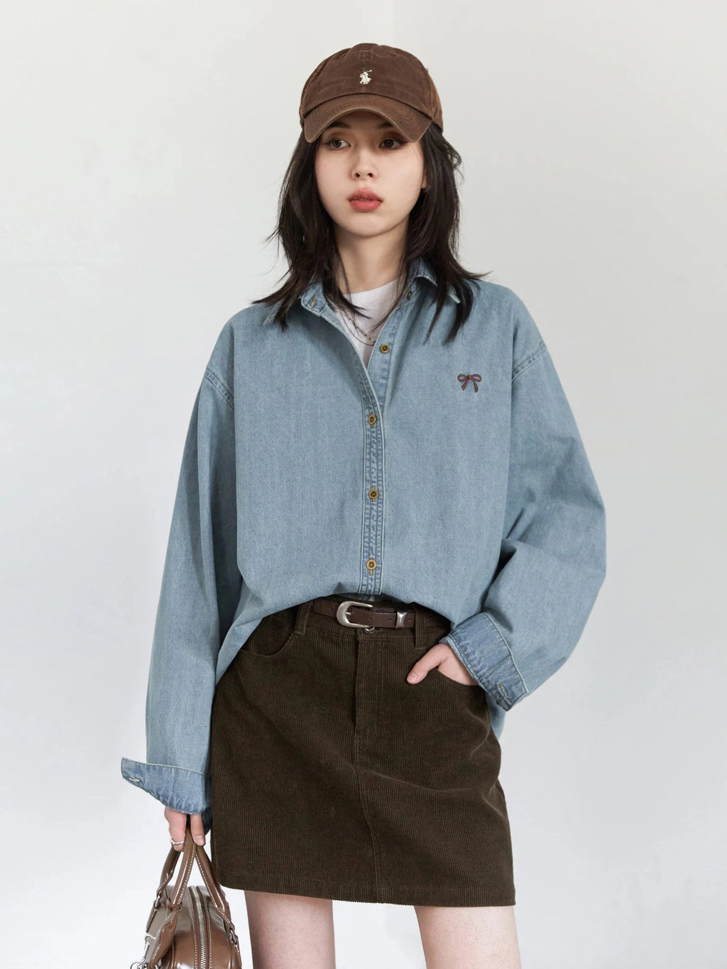 Bow Embroidered Denim Shirt Loose Blue Blouse