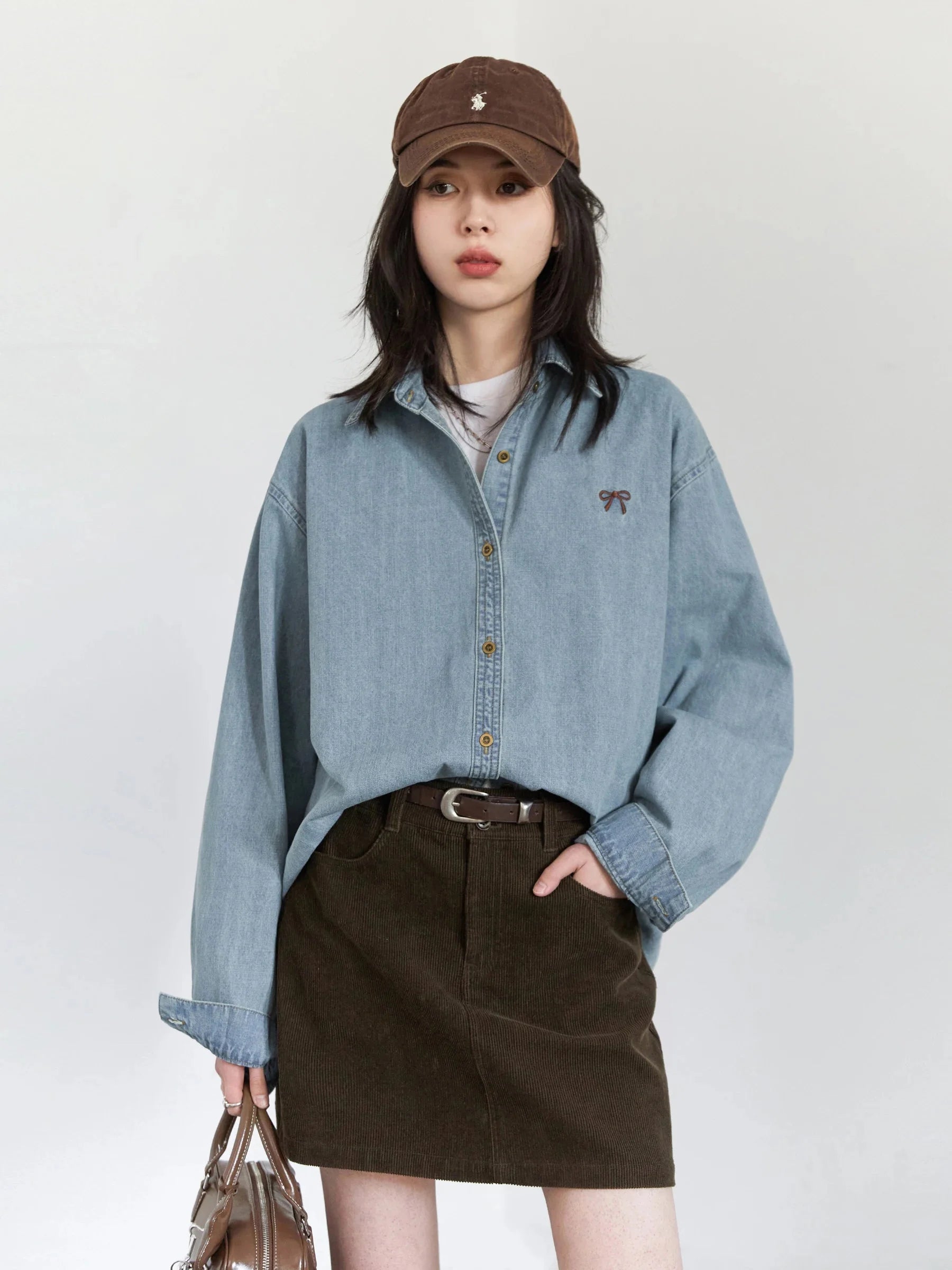 Bow Embroidered Denim Shirt Loose Blue Blouse