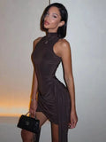 Elegant Sleeveless Turtleneck Mini Dress with Irregular Ruched Detail