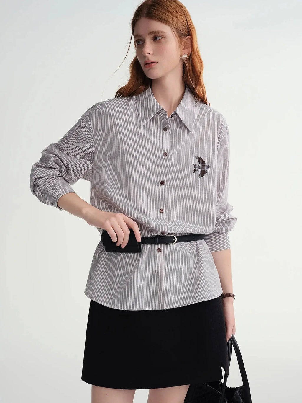 Plus-Size Birds Appliqué Checkered Stripe Shirt