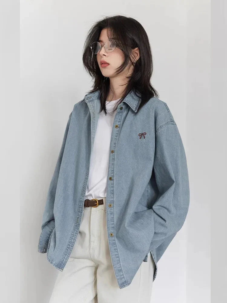Bow Embroidered Denim Shirt Loose Blue Blouse