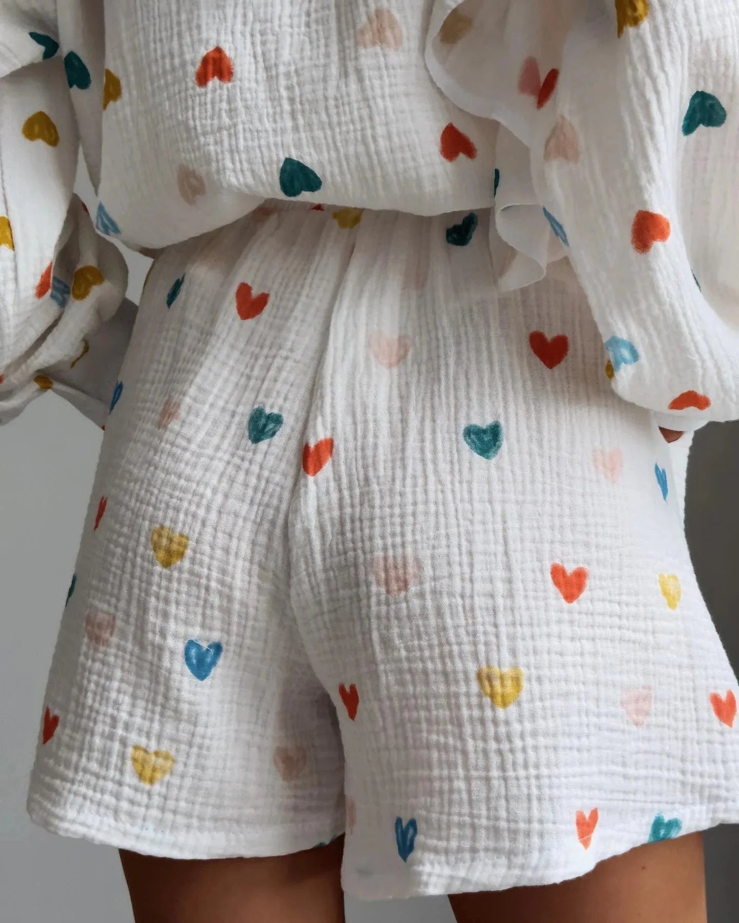 Women’s Love Print Cotton Linen Pajama Set with Shorts