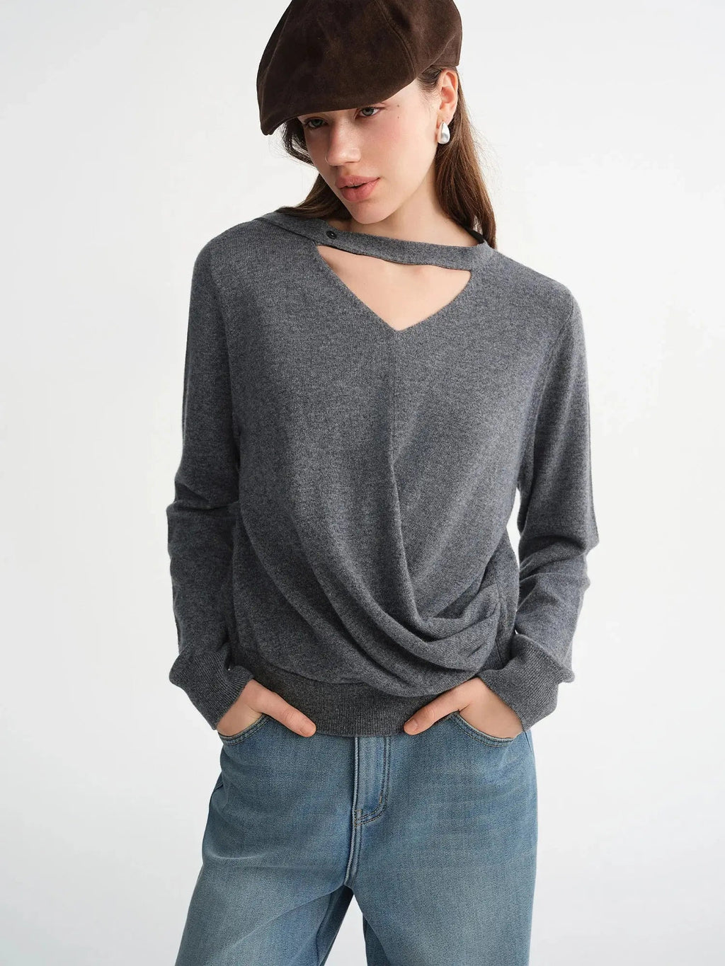 Plus-Size Floating Ribbon V-Neck Sweater
