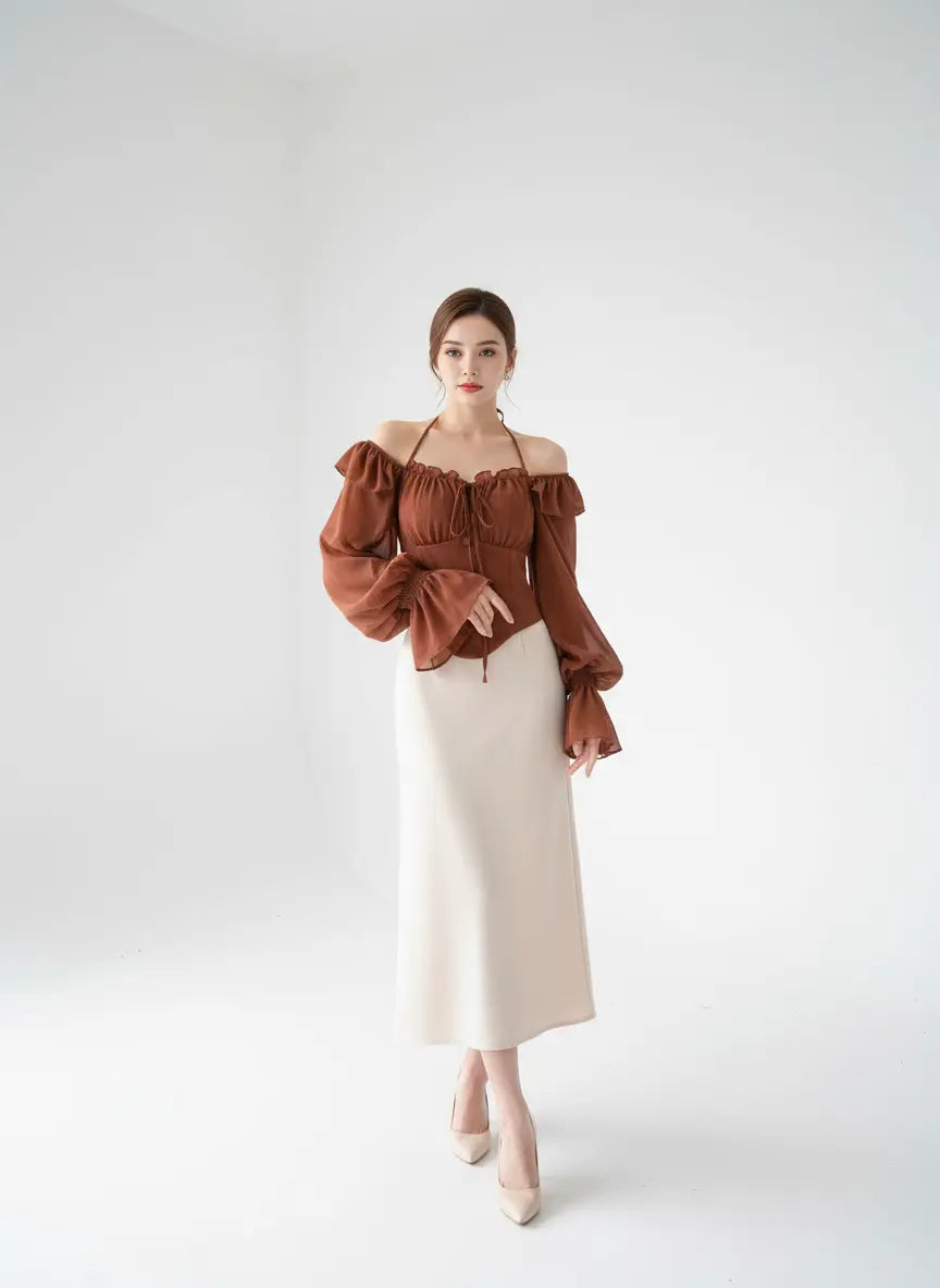 Halter Backless Blouse with Ruffle Flare Sleeves