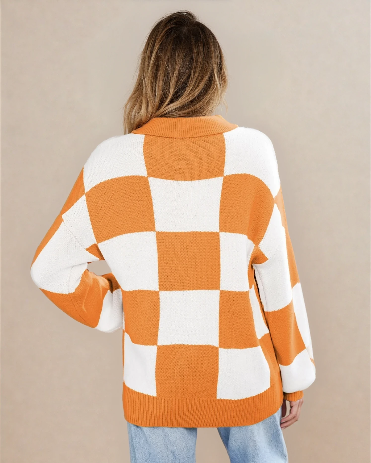 V Neck Checkered Sweater - Tangerine