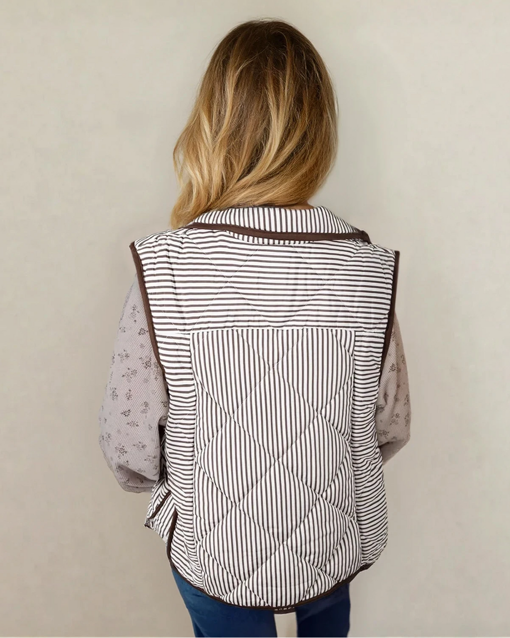 Skylar Striped Snap Button Scalloped Hem Winter Vest  - Brown
