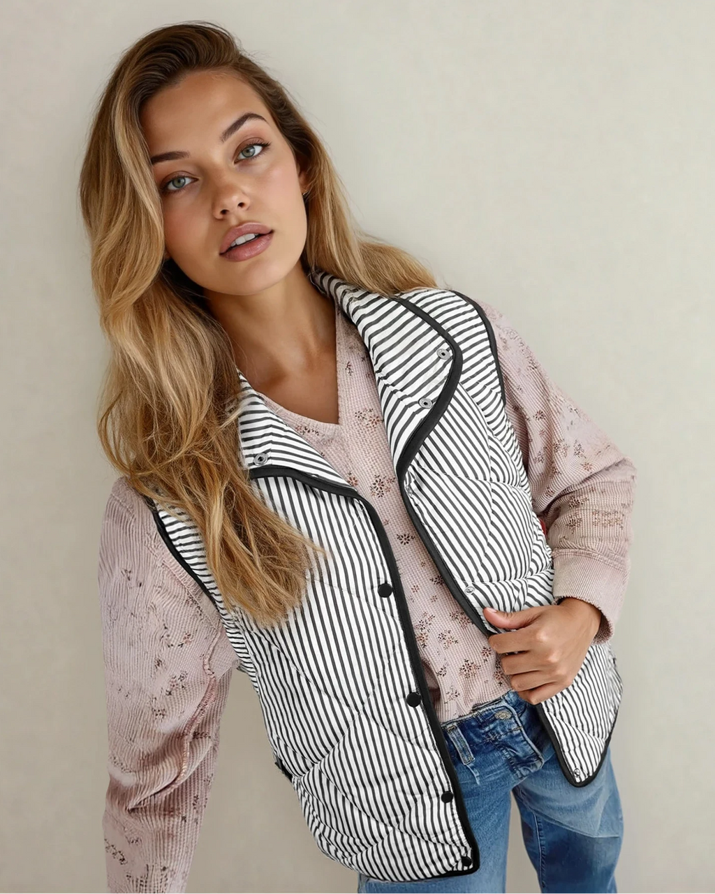 Skylar Striped Snap Button Scalloped Hem Winter Vest - Black