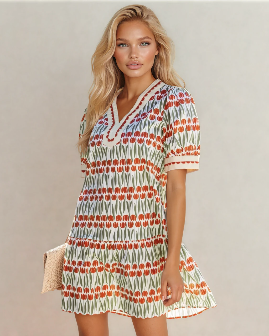 Malia Tulip Floral Print Cotton Puff Short Sleeve Mini Dress