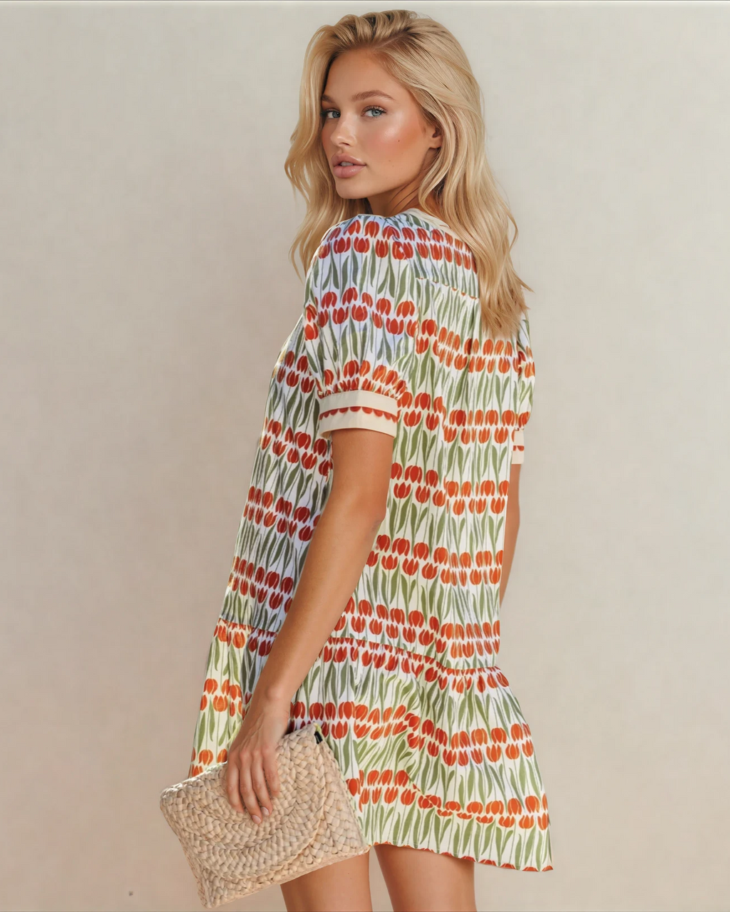 Malia Tulip Floral Print Cotton Puff Short Sleeve Mini Dress