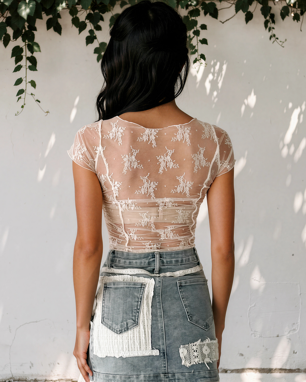 Jolie Exposed Seam Ruched Sheer Floral Mesh Top