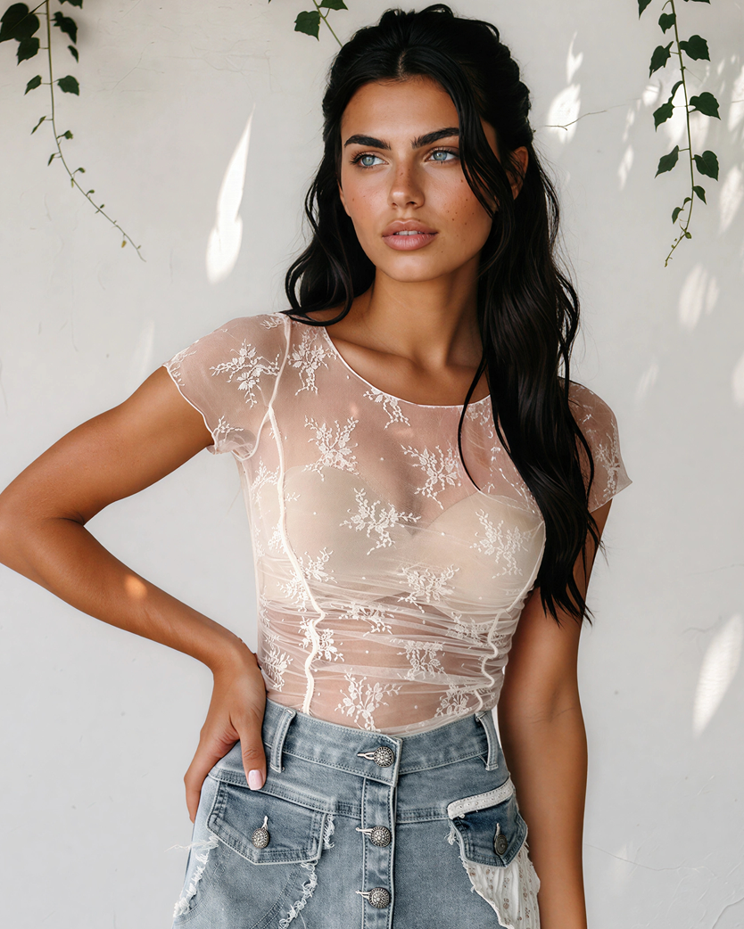 Jolie Exposed Seam Ruched Sheer Floral Mesh Top