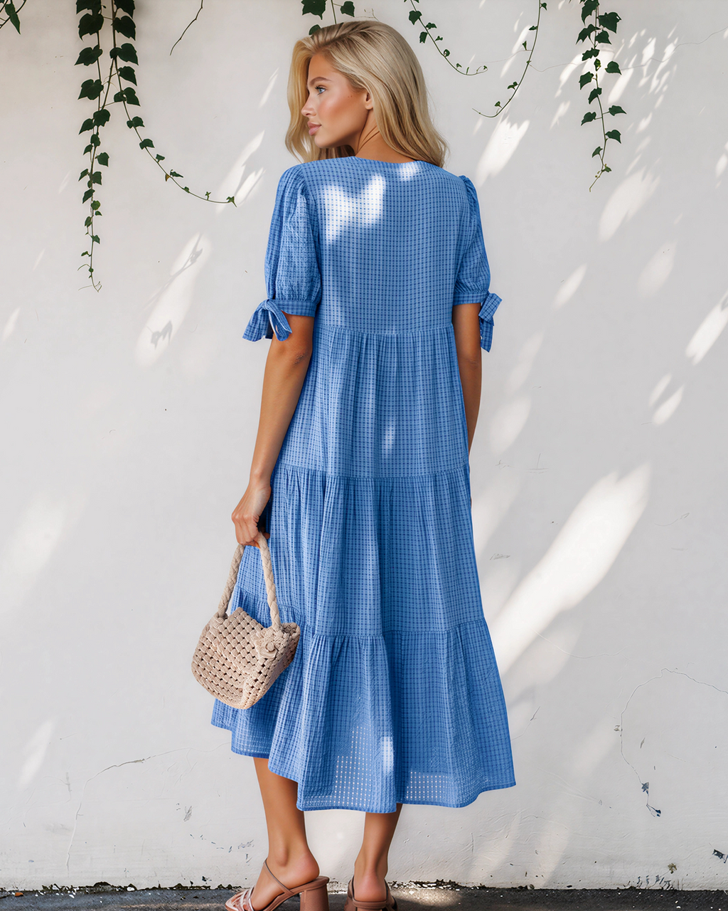 Faye Gingham Textured Bow Tie Short Sleeve Tiered Midi Dress