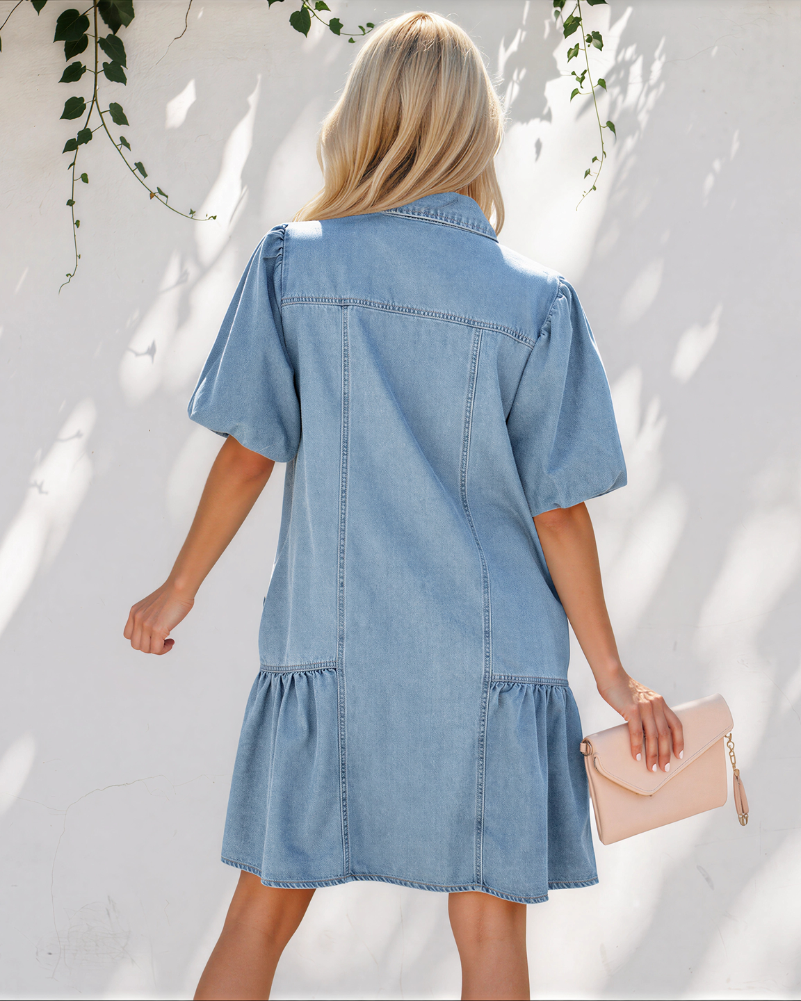 Rowen Puff Sleeve Ruffle Hem Patchwork Denim Dress
