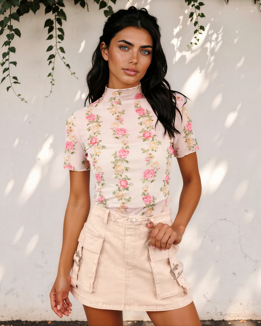 Millie Floral Print Mock Neck Short Sleeve Mesh Top