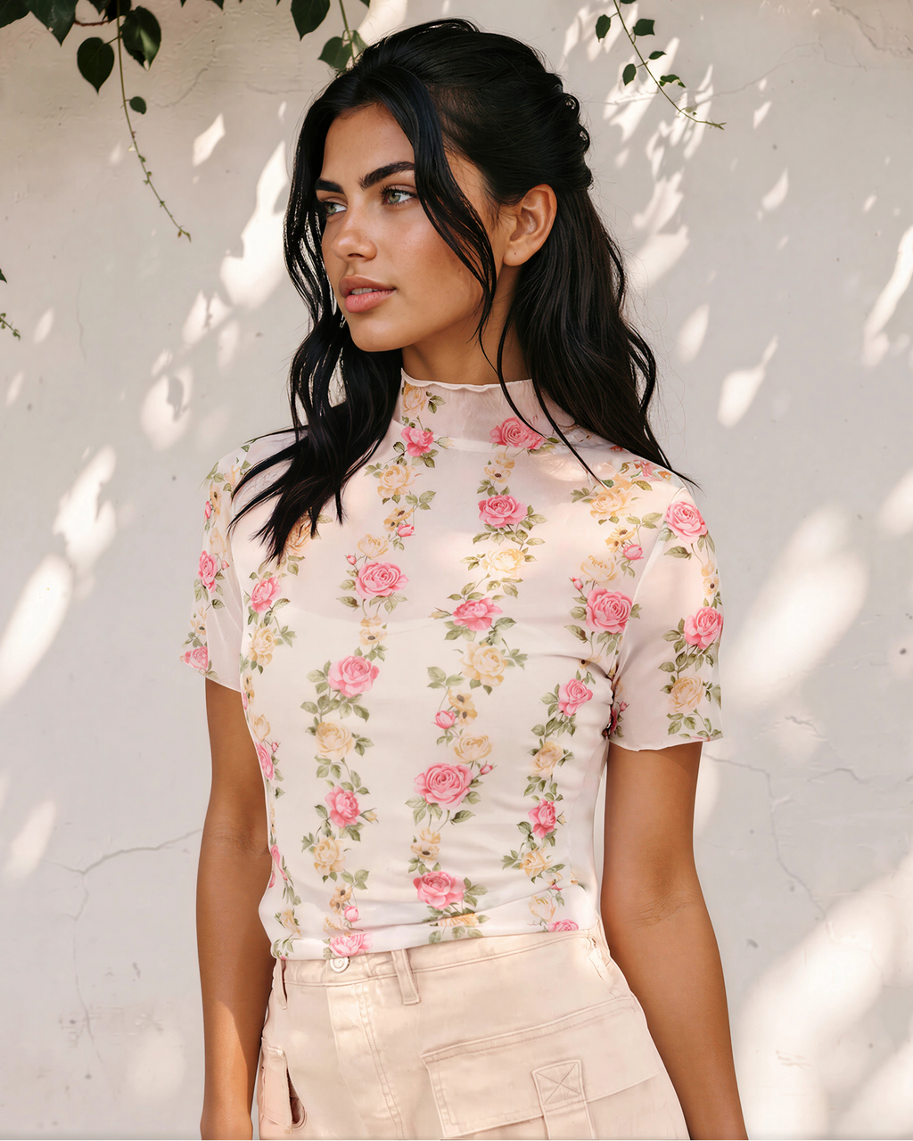 Millie Floral Print Mock Neck Short Sleeve Mesh Top
