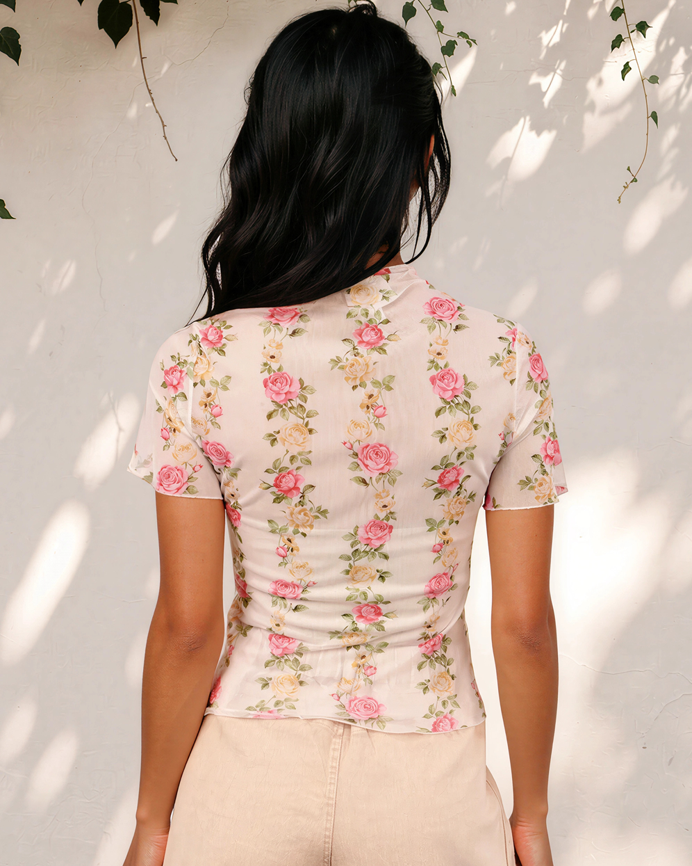 Millie Floral Print Mock Neck Short Sleeve Mesh Top