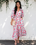 Red Elegant Floral Puff Sleeve Midi Dress