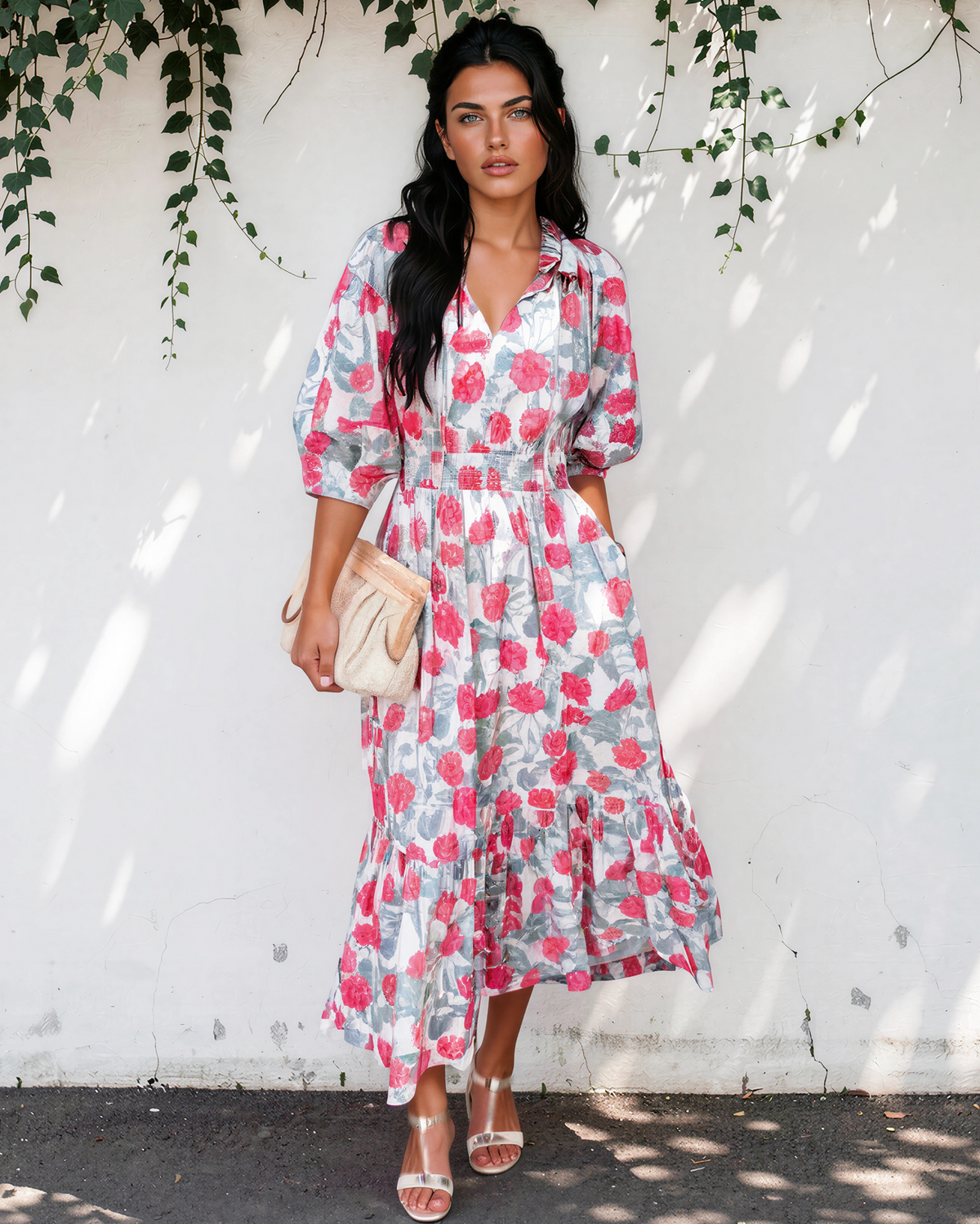Red Elegant Floral Puff Sleeve Midi Dress