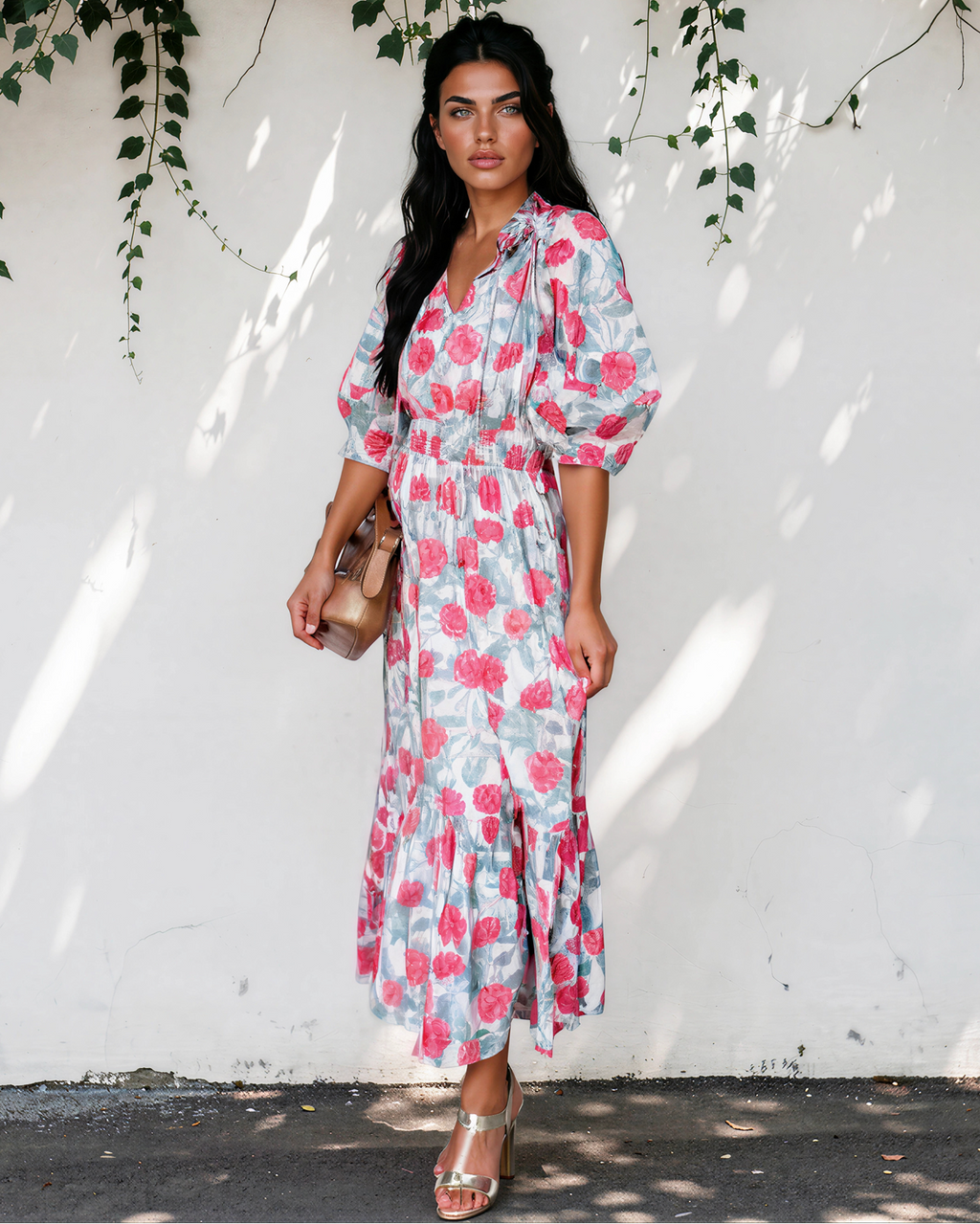 Red Elegant Floral Puff Sleeve Midi Dress