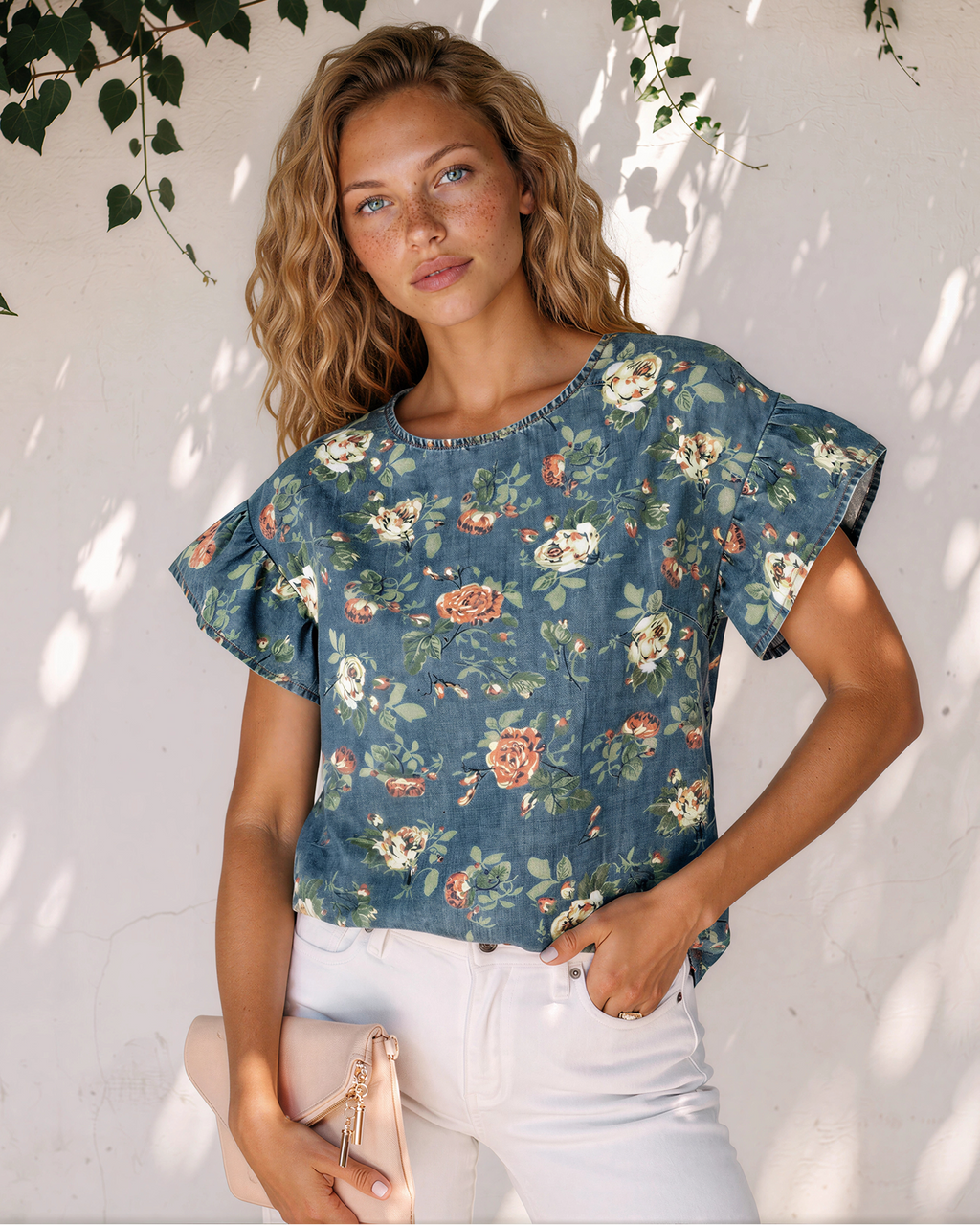 Ashleigh Ruffled Short Sleeve Floral Denim Top