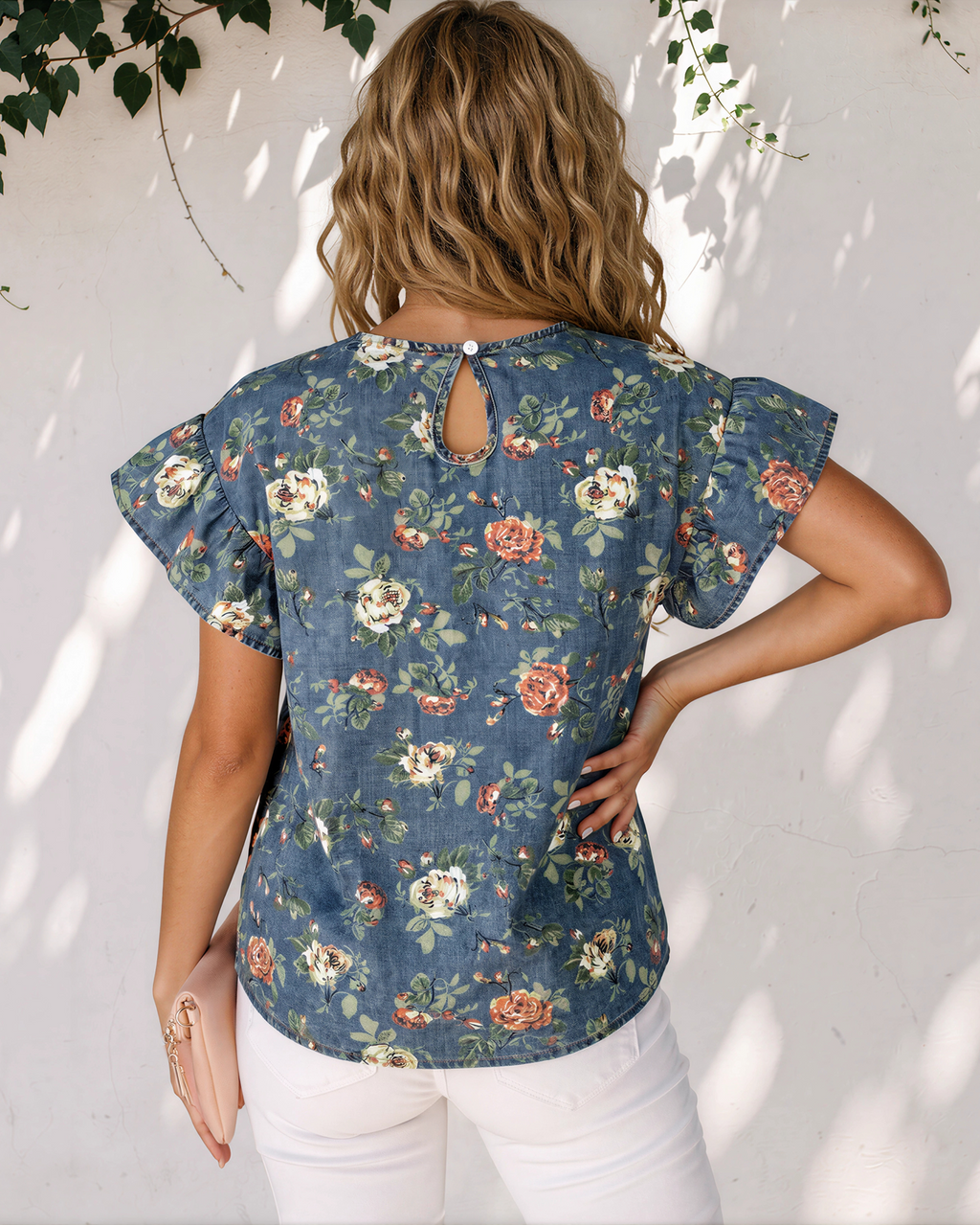 Ashleigh Ruffled Short Sleeve Floral Denim Top