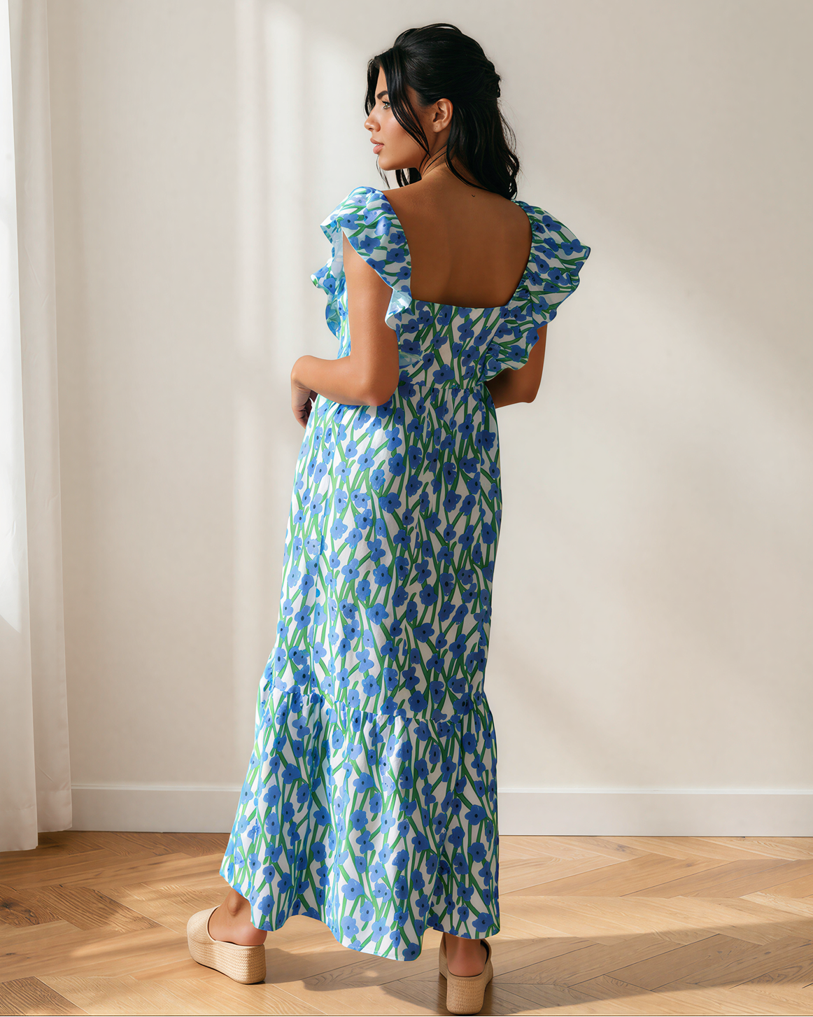 Sunny Floral Print Square Neck Ruffled Strap Maxi Dress