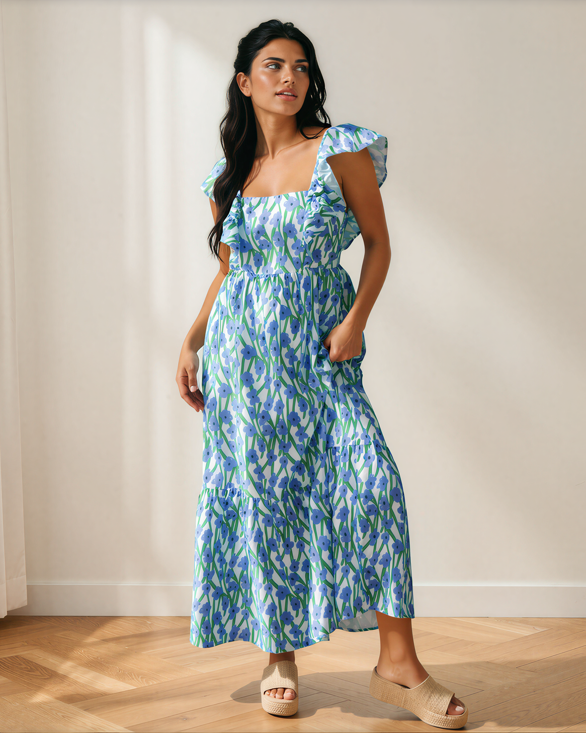 Sunny Floral Print Square Neck Ruffled Strap Maxi Dress