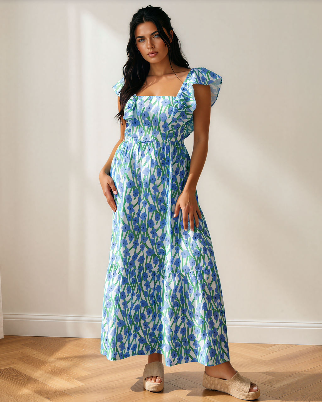Sunny Floral Print Square Neck Ruffled Strap Maxi Dress