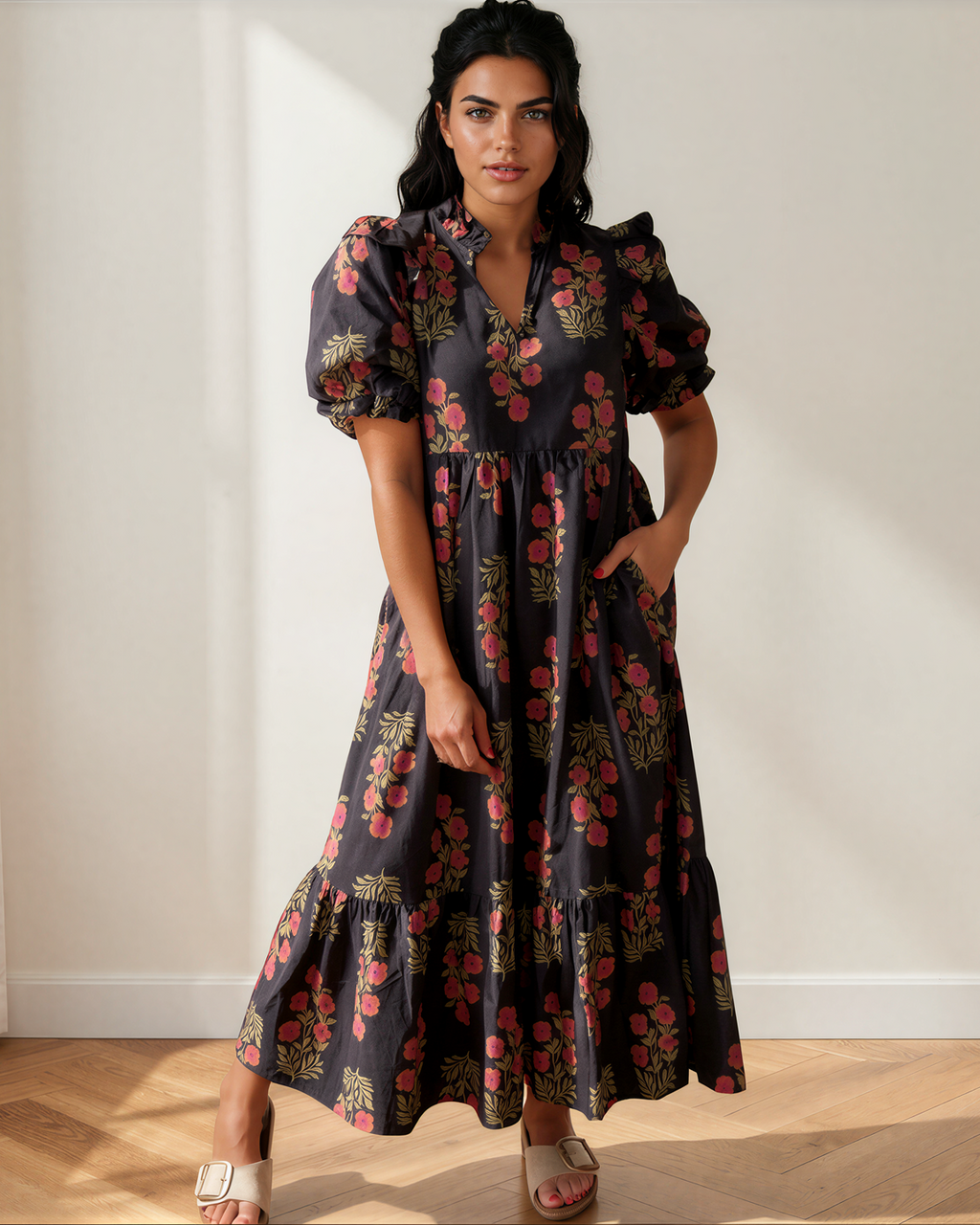 Kali Short Bubble Sleeve Tiered Maxi Dress
