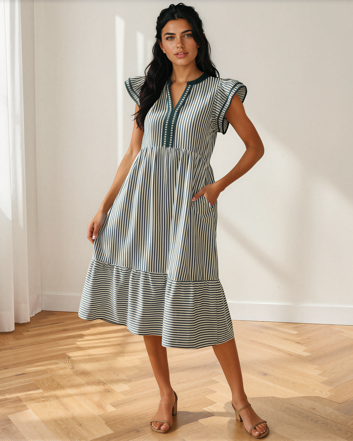 Nyla Contrast Trim V Neck Midi Dress