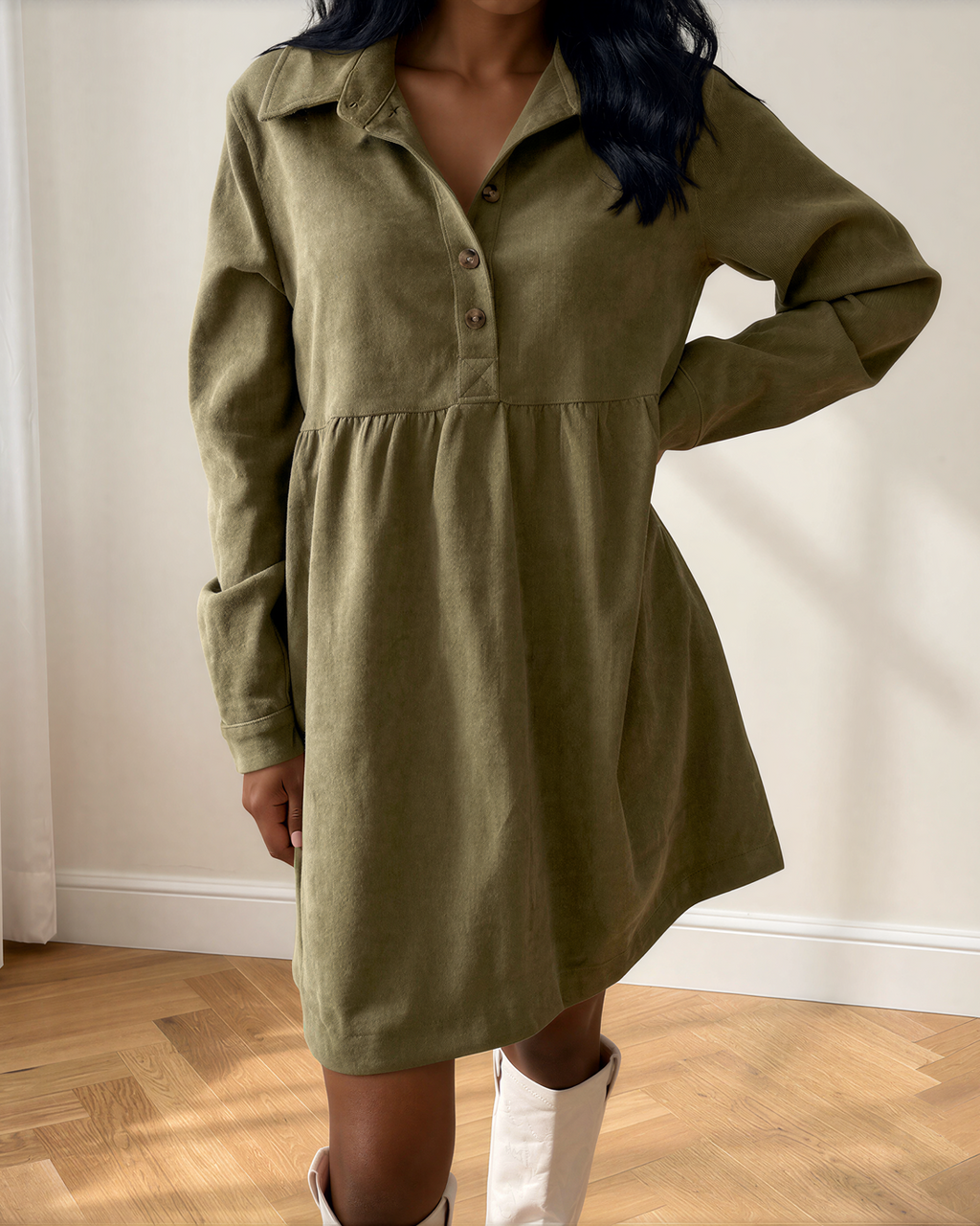 Abigail Corduroy Half Button Collared Long Sleeve Mini Dress