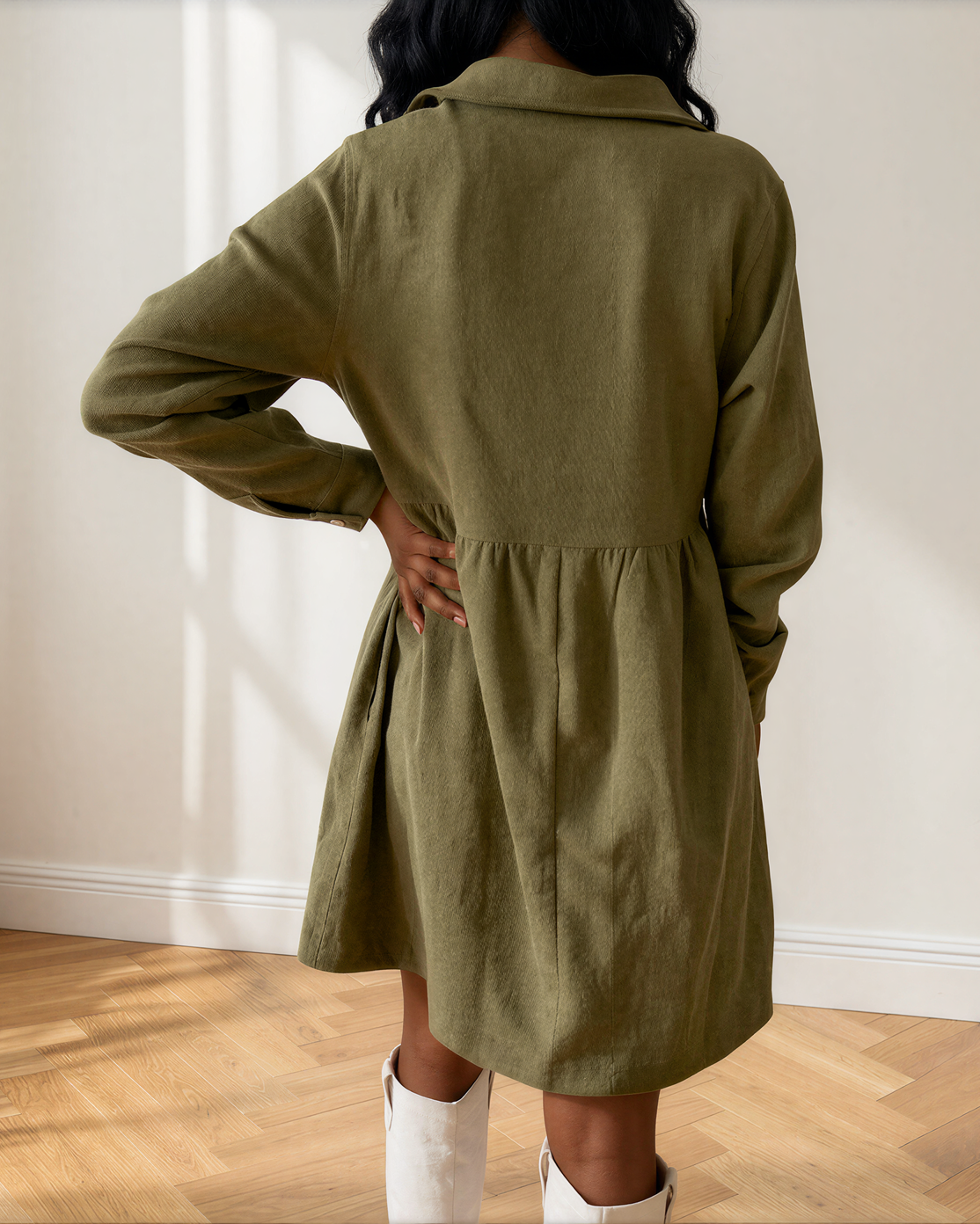 Abigail Corduroy Half Button Collared Long Sleeve Mini Dress