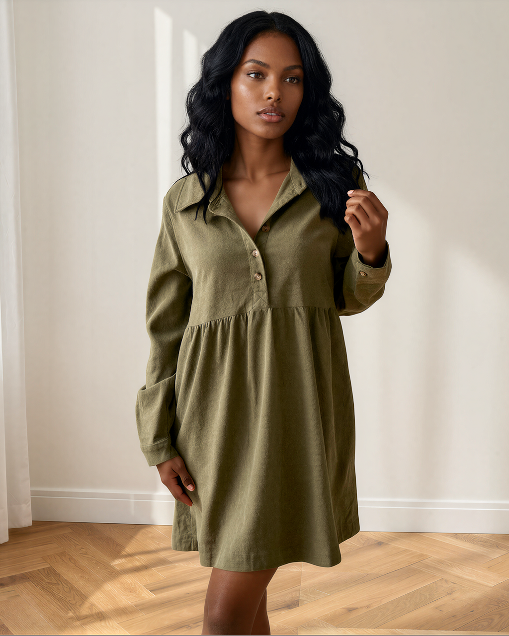 Abigail Corduroy Half Button Collared Long Sleeve Mini Dress