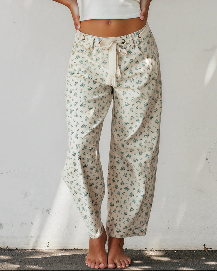 Aspen Grommet Knot Waist Floral Barrel Leg Jeans