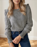 Ava Shirred Cuff Long Sleeve Round Neck Blouse